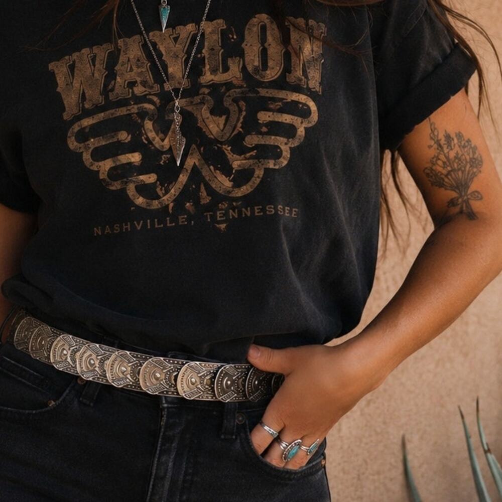 VTG Silver Stretch Belt | Southwestern Concho Western Boho Statement Belt M/L